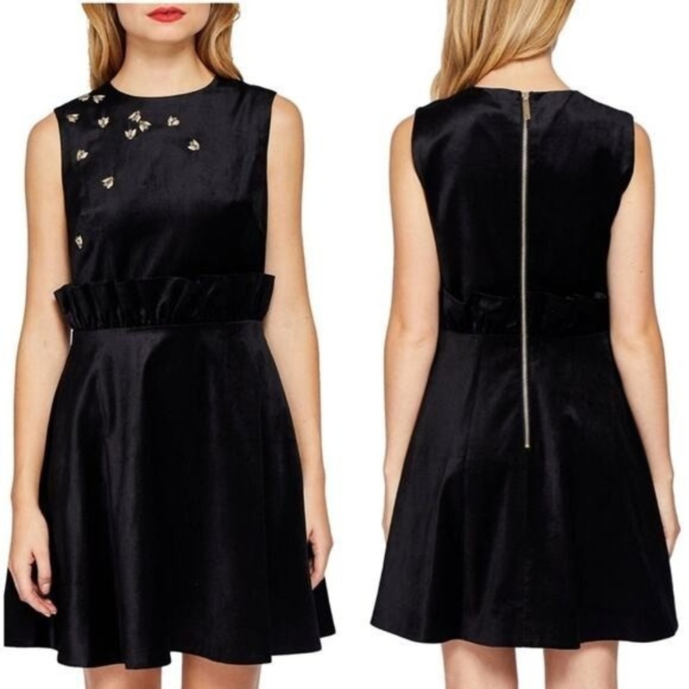 Ted Baker 2 Women's 6 Dress Celeena Black Velvet Bee Embellished Shift Fit Flare